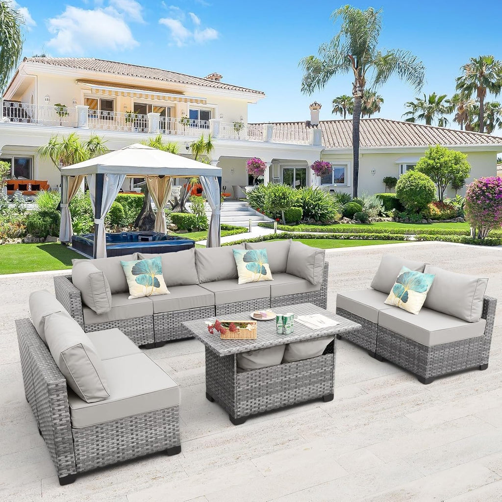 9-Piece Outdoor Sectional Wicker Furniture Set Patio Furniture Conversation Couch Set Large-Size Storage Table with Thicken(5") Anti-Slip Light Grey Cushions Cover