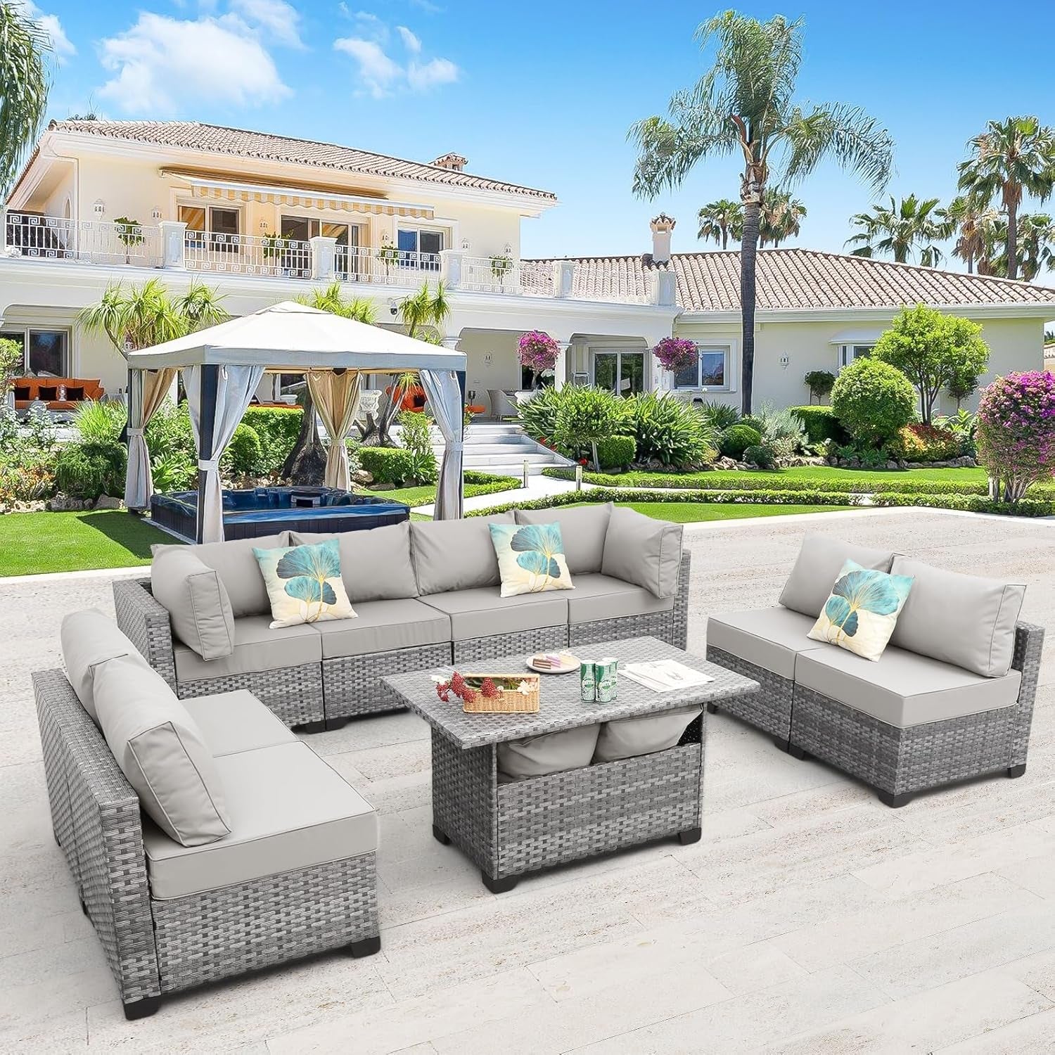 9-Piece Outdoor Sectional Wicker Furniture Set Patio Furniture Conversation Couch Set Large-Size Storage Table with Thicken(5") Anti-Slip Light Grey Cushions Cover