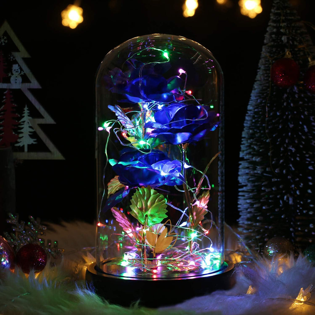 Valentines Flowers Gifts for Her Beauty and the Beast Rose 24K Blue Rose with Fairy String Light, Enchanted Blue Rose Light up Rose Gift for Her on Wedding Anniversary Birthday Party Gifts