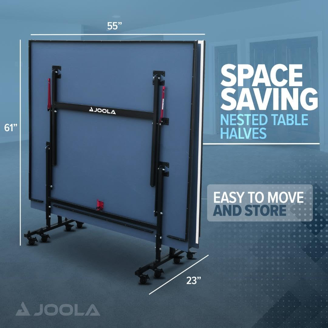 inside Professional MDF Indoor Ping Pong Table with Quick Clamp Table Tennis Net and Post Set - 10 Minute Easy Assembly - Tournament Quality - Foldable with Single Player Playback Mode