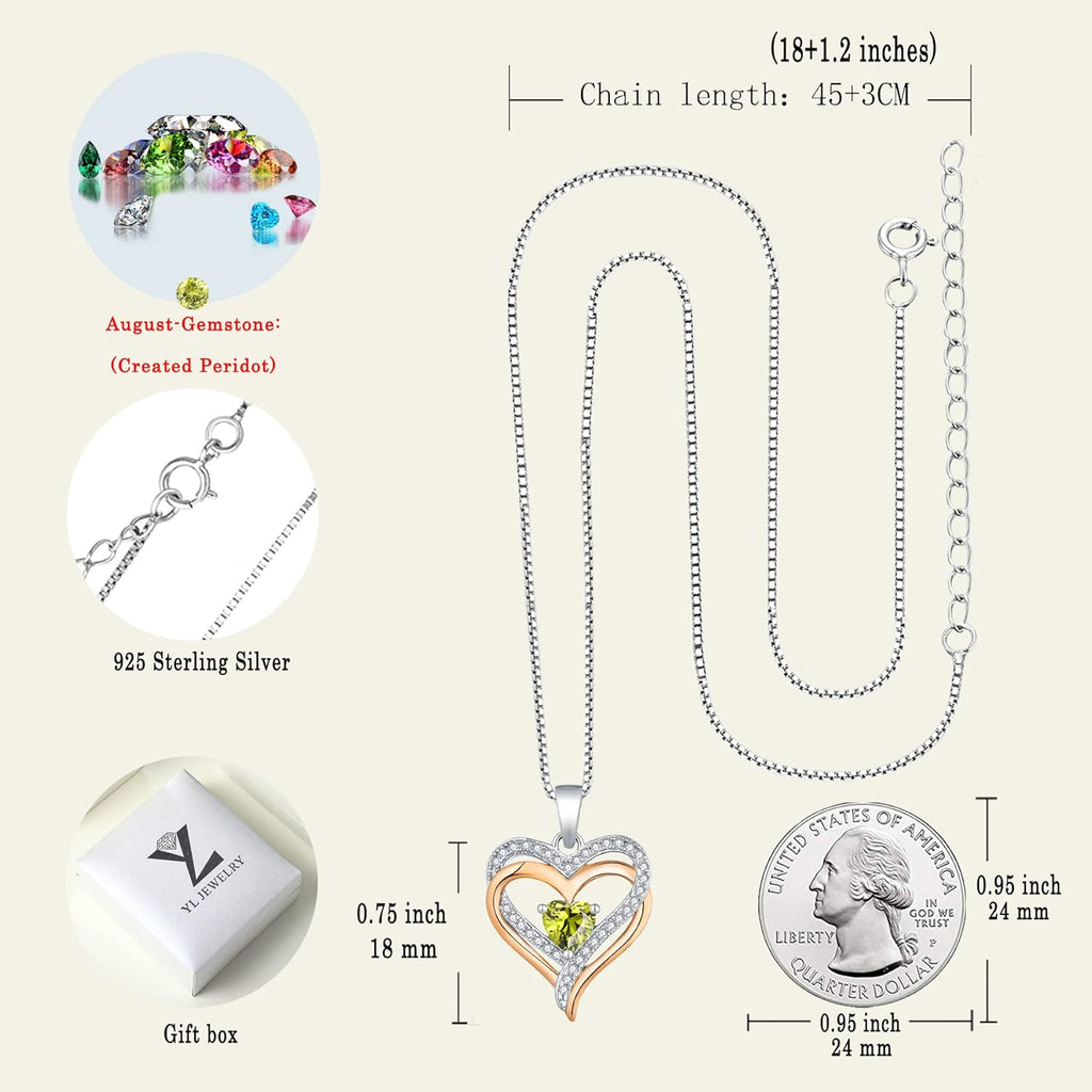 925 Sterling Silver Heart Necklace for Women Double Love Heart Pendant Birthstone Jewelry for Mom