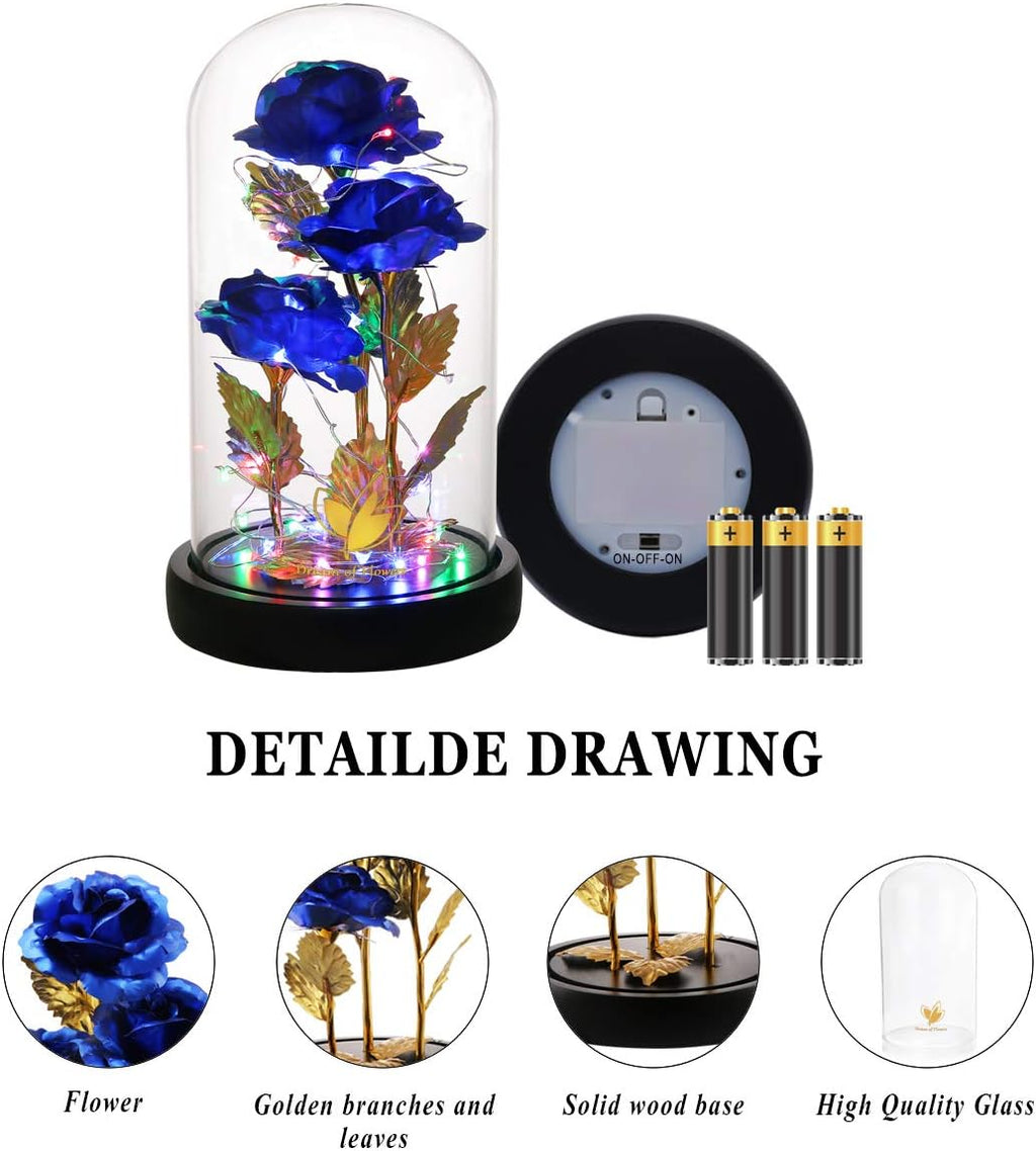 Valentines Flowers Gifts for Her Beauty and the Beast Rose 24K Blue Rose with Fairy String Light, Enchanted Blue Rose Light up Rose Gift for Her on Wedding Anniversary Birthday Party Gifts