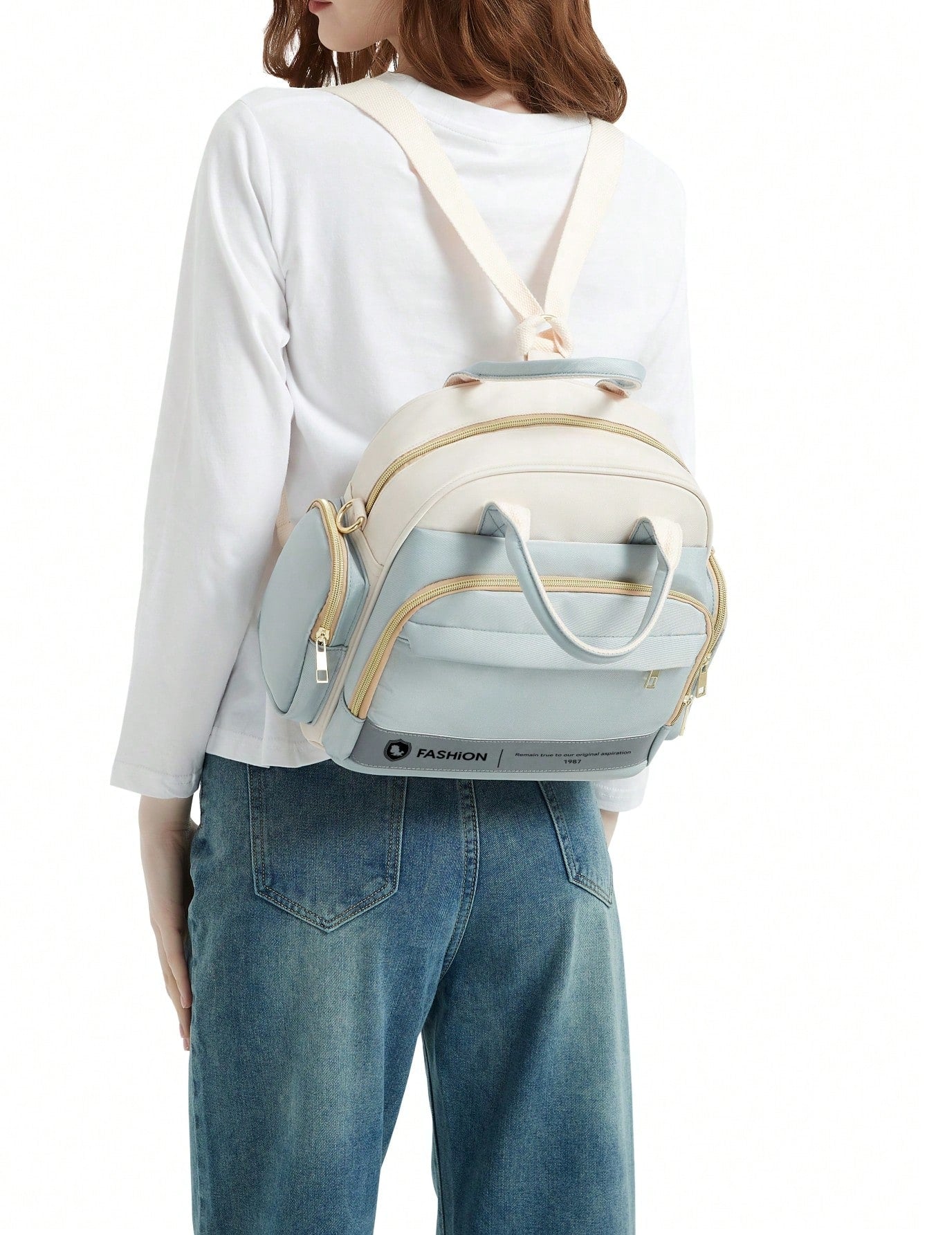 Baby Color Block Large Capacity Polyester Zipper Diaper Bag