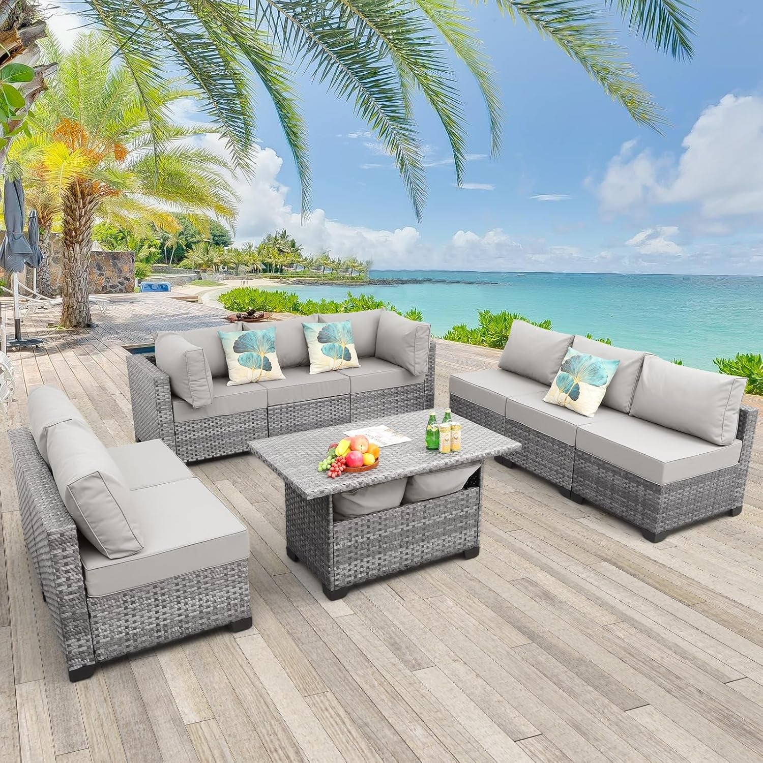 9-Piece Outdoor Sectional Wicker Furniture Set Patio Furniture Conversation Couch Set Large-Size Storage Table with Thicken(5") Anti-Slip Light Grey Cushions Cover