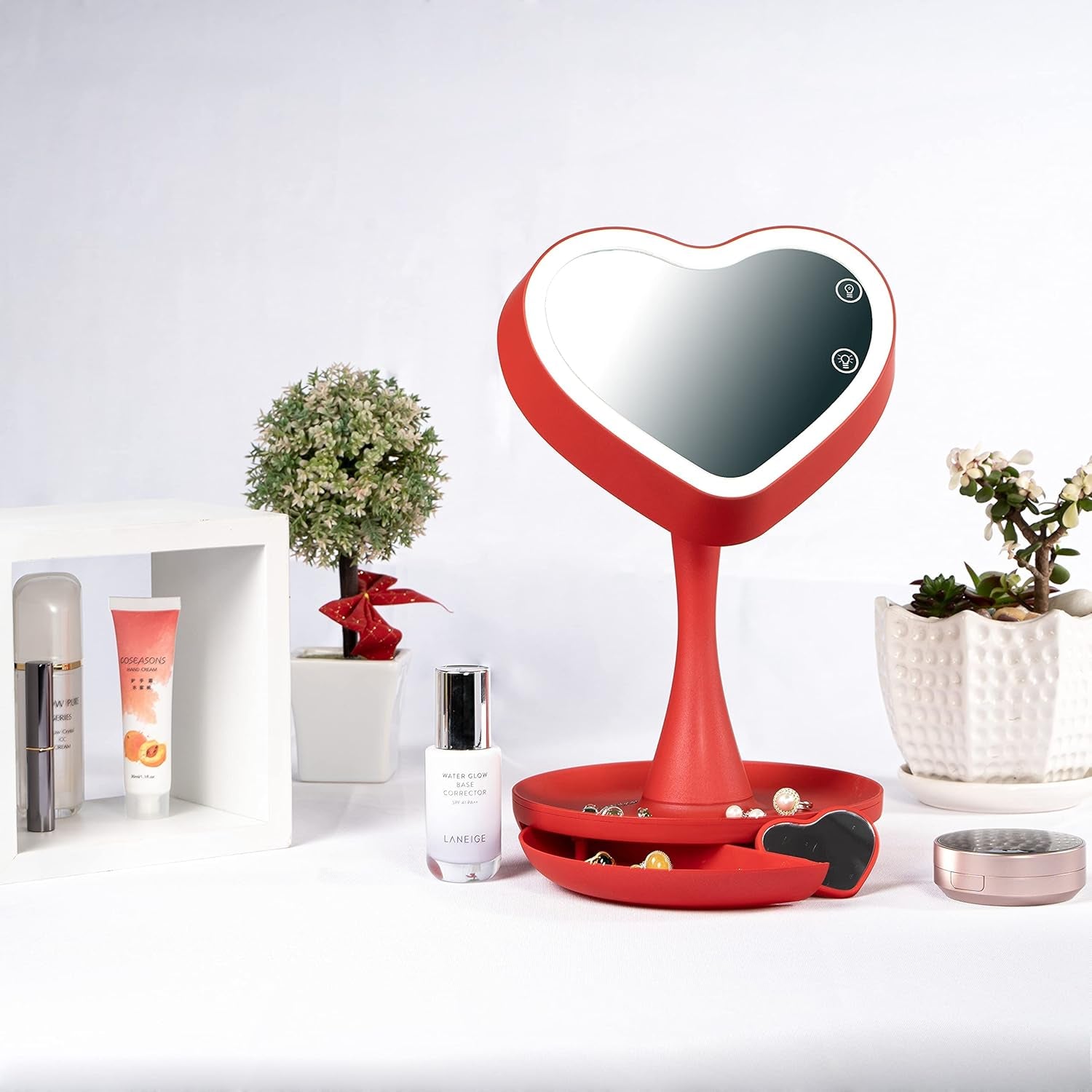 Makeup Mirror with Lights,2000 Mah LED Rechargeable Makeup Mirror,Back Ambient Light, Nice Gift for Daughter Girlfriend Wife Sister,Red