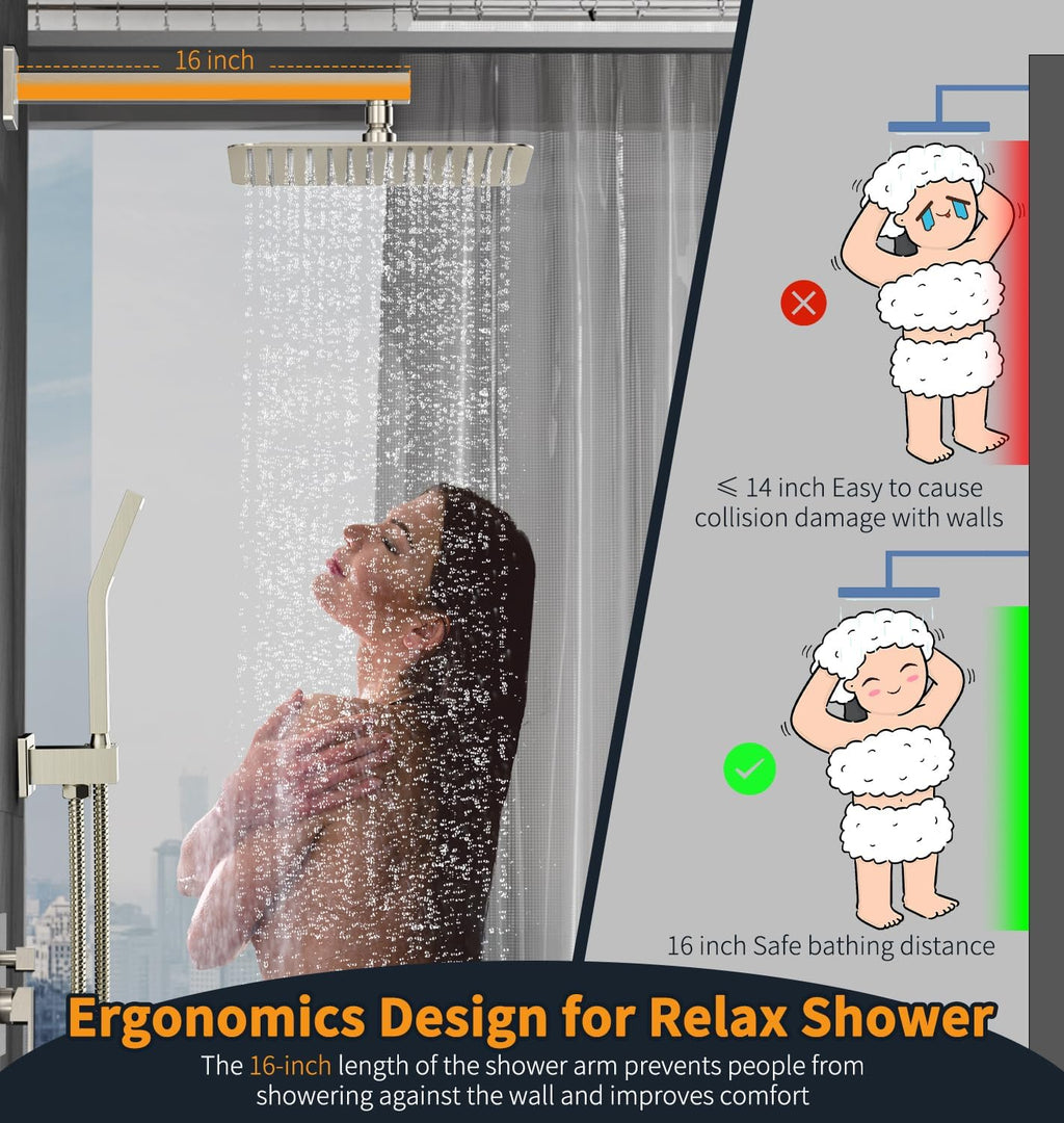 12 Inches Bathroom Luxury Rain Mixer Shower Combo Set Wall Mounted Rainfall Shower Head System Brushed Nickel Finish Shower Faucet Rough-In