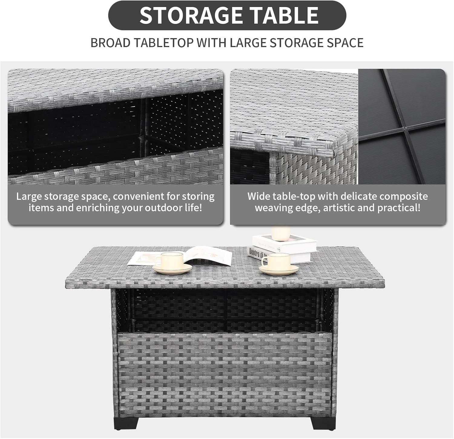 9-Piece Outdoor Sectional Wicker Furniture Set Patio Furniture Conversation Couch Set Large-Size Storage Table with Thicken(5") Anti-Slip Light Grey Cushions Cover