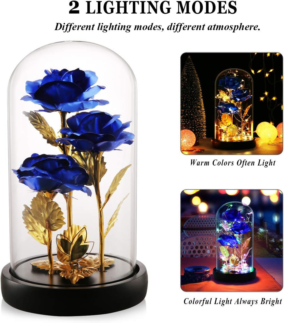 Valentines Flowers Gifts for Her Beauty and the Beast Rose 24K Blue Rose with Fairy String Light, Enchanted Blue Rose Light up Rose Gift for Her on Wedding Anniversary Birthday Party Gifts