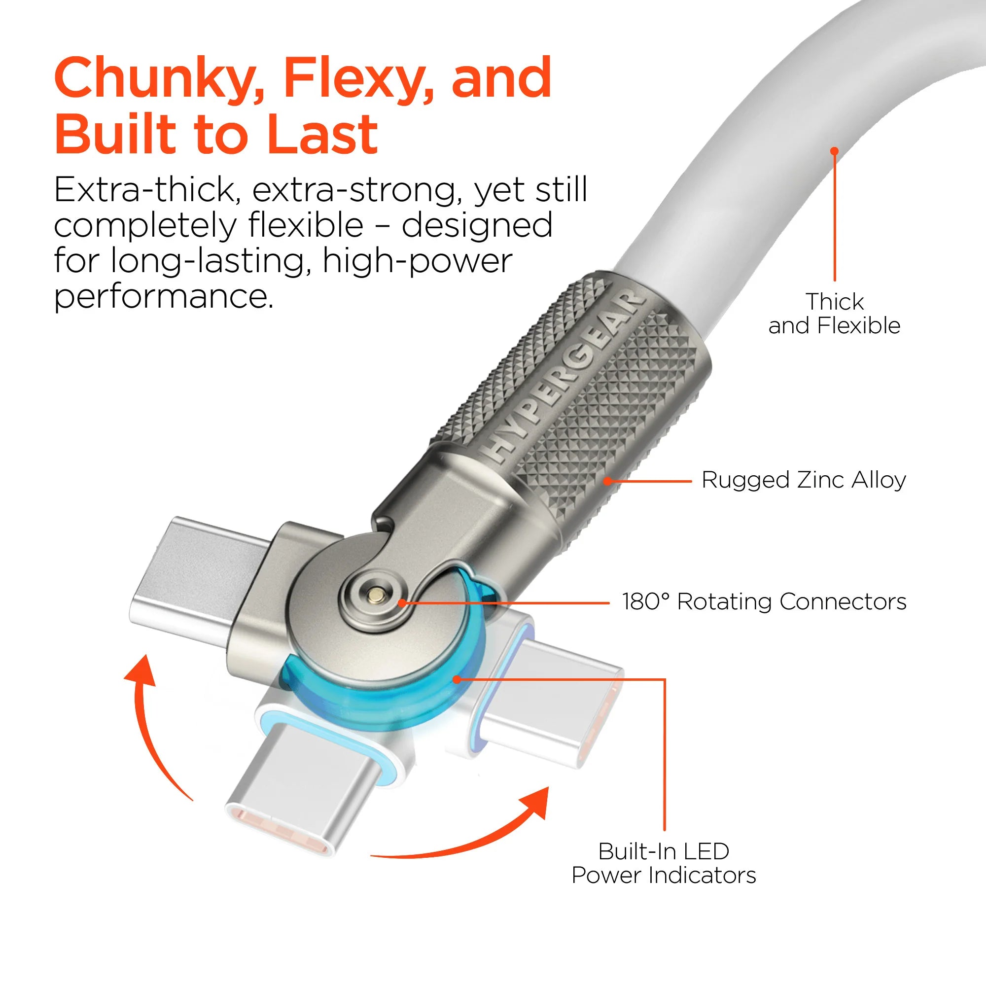 Hypergear Chunky180° 100W USB-C to USB-C Rugged Fast Charge Cable 12Ft