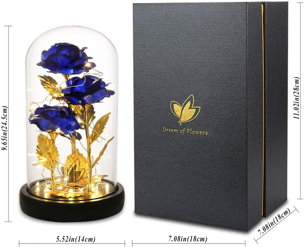 Valentines Flowers Gifts for Her Beauty and the Beast Rose 24K Blue Rose with Fairy String Light, Enchanted Blue Rose Light up Rose Gift for Her on Wedding Anniversary Birthday Party Gifts
