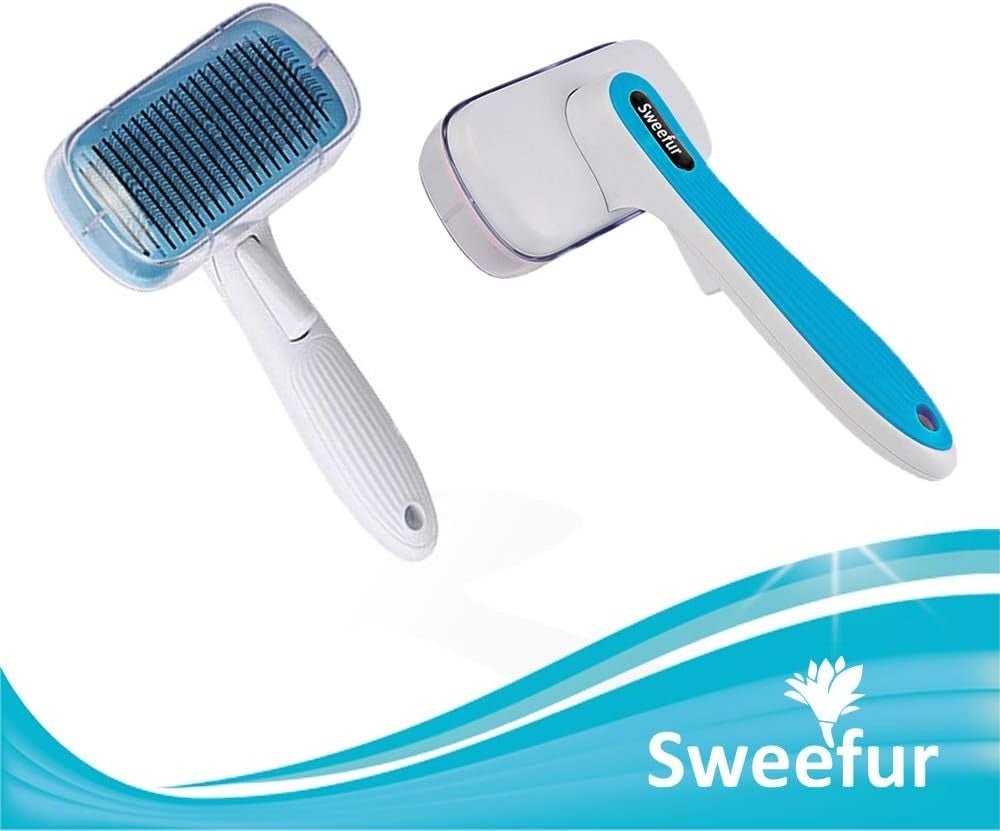 Automatic Pet Hair Removal Comb, Self-Cleaning Slicker Brush for Dogs & Cats- Grooming Shedding Brush for Small, Medium and Large Dogs and Cats- Pet Hair Brush with Soft Grip Handle- Blue