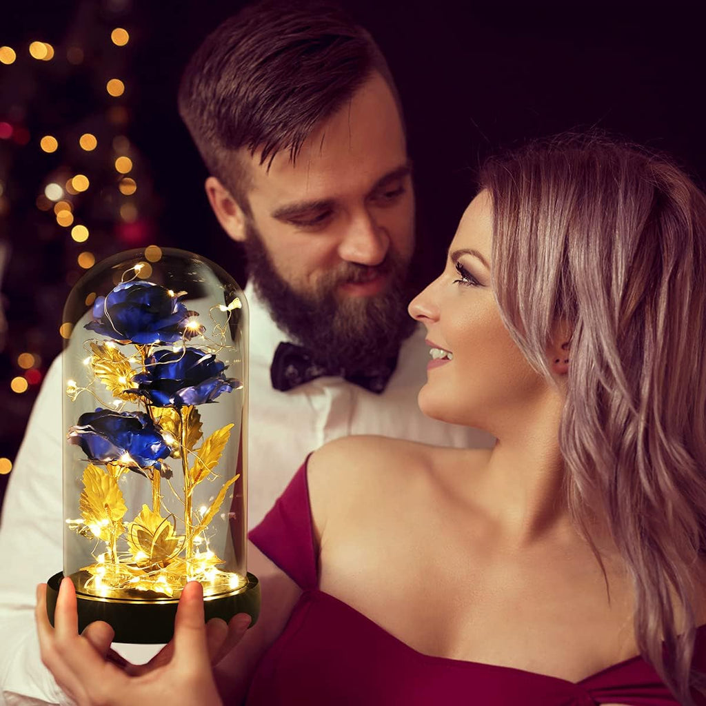Valentines Flowers Gifts for Her Beauty and the Beast Rose 24K Blue Rose with Fairy String Light, Enchanted Blue Rose Light up Rose Gift for Her on Wedding Anniversary Birthday Party Gifts