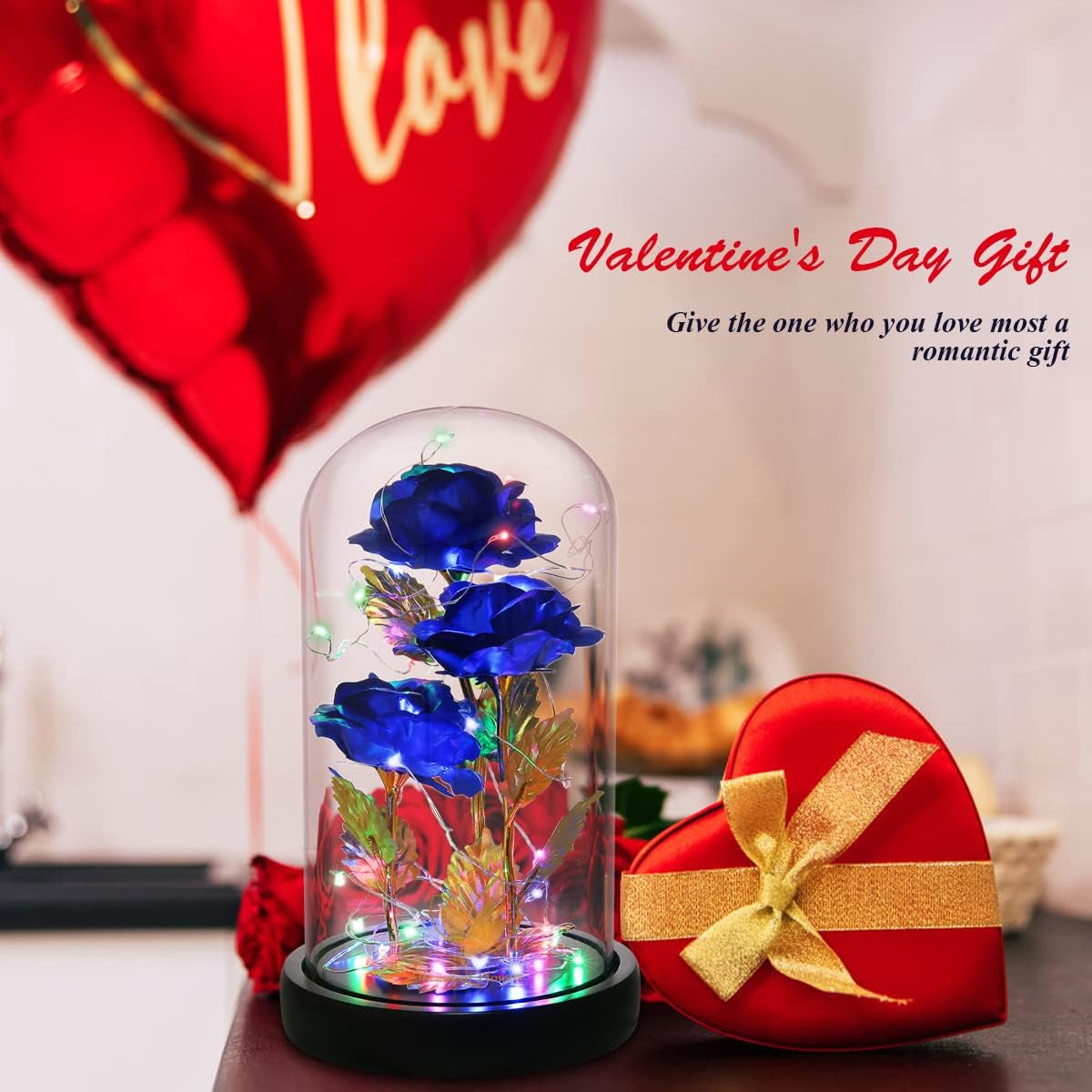 Valentines Flowers Gifts for Her Beauty and the Beast Rose 24K Blue Rose with Fairy String Light, Enchanted Blue Rose Light up Rose Gift for Her on Wedding Anniversary Birthday Party Gifts